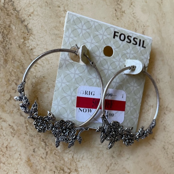 Fossil Silver Flower Hoop Earrings - Picture 5 of 5